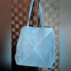Mango Women's Light Denim Blue 100% Suede Leather Shopper Tote Bag, NWOT